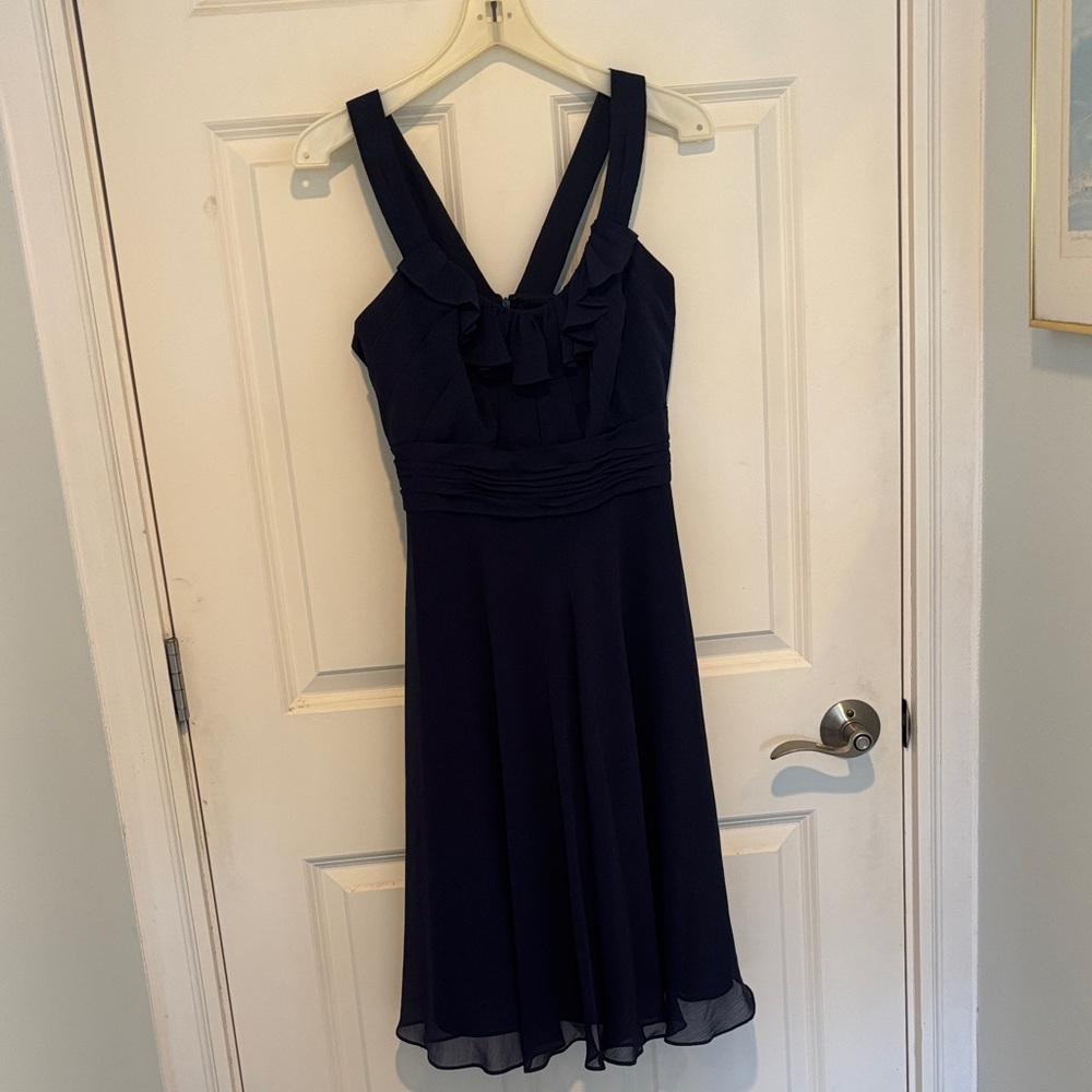 David's Bridal Navy Ruffle Mini Dress